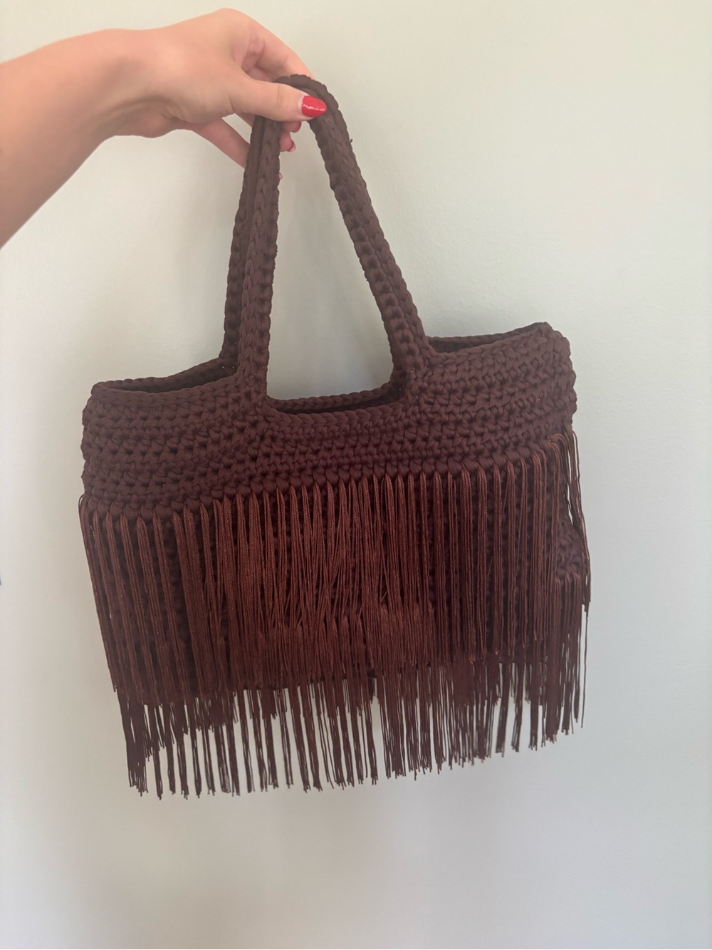 Boho Fringe Crochet Tote Bag - Brown